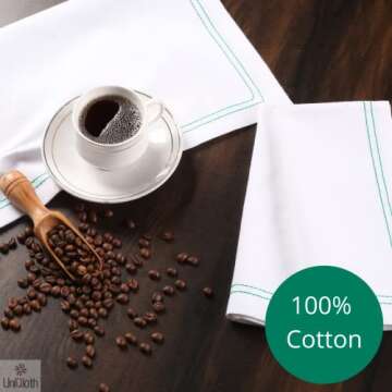 UniQloth Set of 12 Cloth Dinner Napkins Cotton - Soft Durable Washable Reusable Table Dinner Napkins for Hotel Restaurant Weddings Event Parties Daily Use- 18x18 White with Green Stitch Dinner Napkins