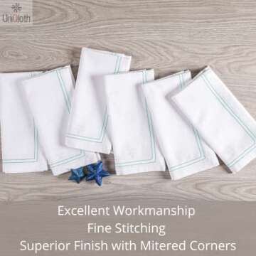 UniQloth Set of 12 Cloth Dinner Napkins Cotton - Soft Durable Washable Reusable Table Dinner Napkins for Hotel Restaurant Weddings Event Parties Daily Use- 18x18 White with Green Stitch Dinner Napkins