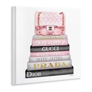 The Stupell Home Decor Collection Watercolor High Fashion Bookstack Padded Pink Bag Wall Plaque Art, 12 x 12, Pink, for Bedroom