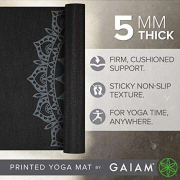 Gaiam Yoga Mat Premium Print Non Slip Exercise & Fitness Mat for All Types of Yoga, Pilates & Floor Workouts, Black Marrakesh, 68 inch L x 24 inch W x 5mm Thick