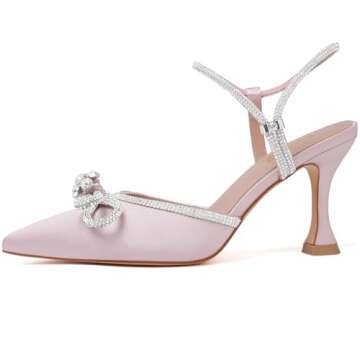 Susanny Pink Rhinestone Heels for Women Bow Heels Evening Party Ankle Strap Closed Toe Pumps Office ...