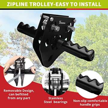 TT TRSMIMA 100 ft /120 ft /150 ft/180ft Zip Line Kit for Kids and Adult Up to 380 lb - Updated Removable Design Trolley and Thickened Seat, Rust Proof W/Safety Harness - Zipline Kits for Backyard