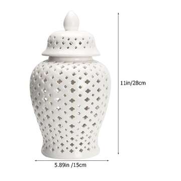 VOSAREA Ginger Jar Traditional Pierced Ginger Jar with Lid Ceramic Vase Carved Lattice Decorative Temple Jar White Ginger Jars for Home Decor