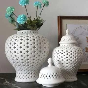 VOSAREA Ginger Jar Traditional Pierced Ginger Jar with Lid Ceramic Vase Carved Lattice Decorative Temple Jar White Ginger Jars for Home Decor