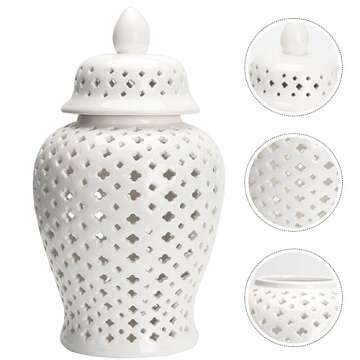 VOSAREA Ginger Jar Traditional Pierced Ginger Jar with Lid Ceramic Vase Carved Lattice Decorative Temple Jar White Ginger Jars for Home Decor