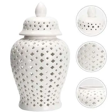 VOSAREA Ginger Jar Traditional Pierced Ginger Jar with Lid Ceramic Vase Carved Lattice Decorative Temple Jar White Ginger Jars for Home Decor