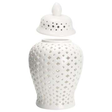 VOSAREA Ginger Jar Traditional Pierced Ginger Jar with Lid Ceramic Vase Carved Lattice Decorative Temple Jar White Ginger Jars for Home Decor