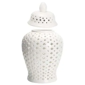 VOSAREA Ginger Jar Traditional Pierced Ginger Jar with Lid Ceramic Vase Carved Lattice Decorative Temple Jar White Ginger Jars for Home Decor