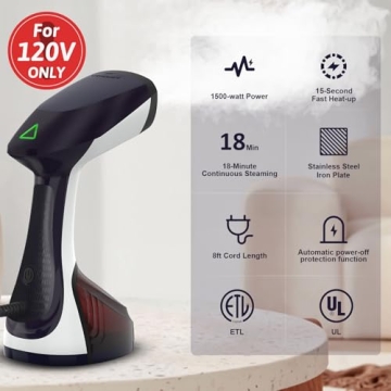 URPOWER 1500W Handheld Clothes Steamer 15-Second Heat-Up