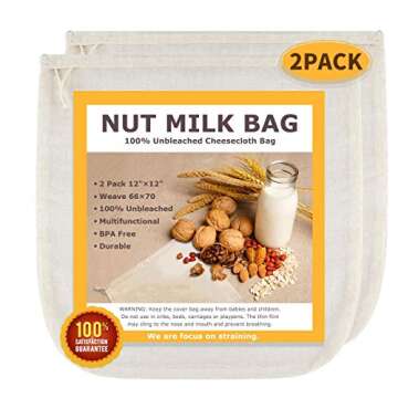 Nut Milk Bags, All Natural Cheesecloth Bags, 12"x12", 2 Pack, 100% Unbleached Cotton Cloth Bags for ...