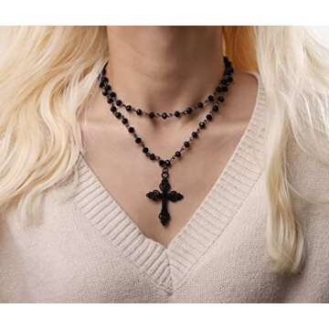 Sacina Gothic Layered Cross Choker Necklace, Black Bead Cross Choker, Gothic Emo Grunge Necklace, Co...