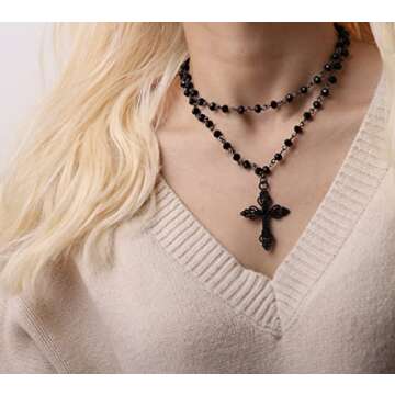 Sacina Gothic Layered Cross Choker Necklace, Black Bead Cross Choker, Gothic Emo Grunge Necklace, Costume Jewelry, Halloween Christmas Jewelry Gift for Women