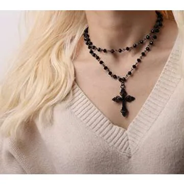 Sacina Gothic Layered Cross Choker Necklace, Black Bead Cross Choker, Gothic Emo Grunge Necklace, Costume Jewelry, Halloween Christmas Jewelry Gift for Women