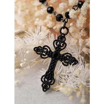 Sacina Gothic Layered Cross Choker Necklace, Black Bead Cross Choker, Gothic Emo Grunge Necklace, Costume Jewelry, Halloween Christmas Jewelry Gift for Women