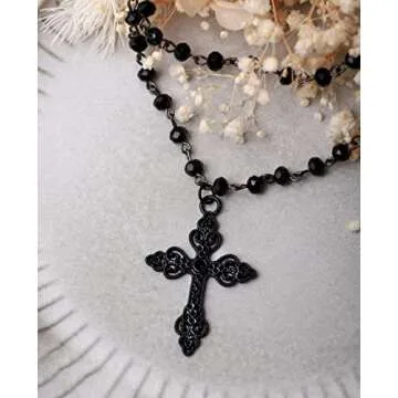 Sacina Gothic Layered Cross Choker Necklace, Black Bead Cross Choker, Gothic Emo Grunge Necklace, Costume Jewelry, Halloween Christmas Jewelry Gift for Women