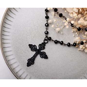 Sacina Gothic Layered Cross Choker Necklace, Black Bead Cross Choker, Gothic Emo Grunge Necklace, Costume Jewelry, Halloween Christmas Jewelry Gift for Women