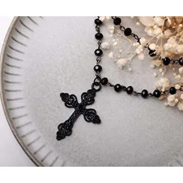Sacina Gothic Layered Cross Choker Necklace, Black Bead Cross Choker, Gothic Emo Grunge Necklace, Costume Jewelry, Halloween Christmas Jewelry Gift for Women
