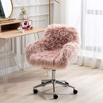 KCC Fluffy Office Desk Chair, Faux Fur Modern Swivel Armchair with Wheels, Soft Comfy Fuzzy Elegant Accent Makeup Vanity Chairs for Women Girls, Home Living Dressing Room Bedroom, Pink