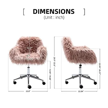 KCC Fluffy Office Desk Chair, Faux Fur Modern Swivel Armchair with Wheels, Soft Comfy Fuzzy Elegant Accent Makeup Vanity Chairs for Women Girls, Home Living Dressing Room Bedroom, Pink