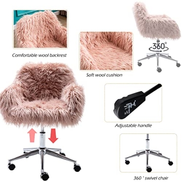 KCC Fluffy Office Desk Chair, Faux Fur Modern Swivel Armchair with Wheels, Soft Comfy Fuzzy Elegant Accent Makeup Vanity Chairs for Women Girls, Home Living Dressing Room Bedroom, Pink