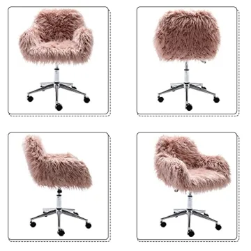 KCC Fluffy Office Desk Chair, Faux Fur Modern Swivel Armchair with Wheels, Soft Comfy Fuzzy Elegant Accent Makeup Vanity Chairs for Women Girls, Home Living Dressing Room Bedroom, Pink