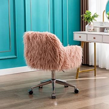 KCC Fluffy Office Desk Chair, Faux Fur Modern Swivel Armchair with Wheels, Soft Comfy Fuzzy Elegant Accent Makeup Vanity Chairs for Women Girls, Home Living Dressing Room Bedroom, Pink