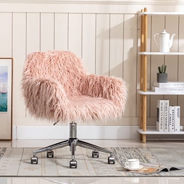 KCC Fluffy Office Desk Chair, Faux Fur Modern Swivel Armchair with Wheels, Soft Comfy Fuzzy Elegant Accent Makeup Vanity Chairs for Women Girls, Home Living Dressing Room Bedroom, Pink