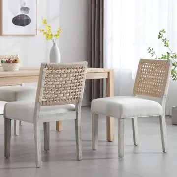 DM Furniture Modern Farmhouse Dining Chairs Set of 2, Upholstered Linen Kitchen Chairs with Woven Back, Solid Wood Accent Side Host Chair for Dining Room/Restaurant/Dinner, Ivory