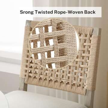 DM Furniture Modern Farmhouse Dining Chairs Set of 2, Upholstered Linen Kitchen Chairs with Woven Back, Solid Wood Accent Side Host Chair for Dining Room/Restaurant/Dinner, Ivory