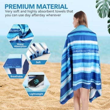 DECOMEN Beach Towel, Microfiber Beach Towels, Oversized, Quick Dry (73" x 35") Sand Proof, Absorbent, Compact, Beach Blanket, Lightweight Towel for The Swimming, Sports, Beach, Gym-Blue Stripes