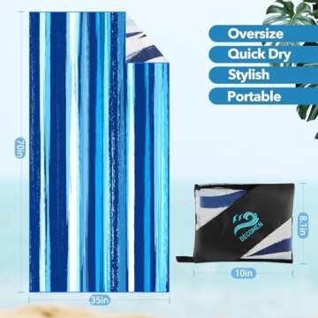 DECOMEN Beach Towel, Microfiber Beach Towels, Oversized, Quick Dry (73" x 35") Sand Proof, Absorbent, Compact, Beach Blanket, Lightweight Towel for The Swimming, Sports, Beach, Gym-Blue Stripes