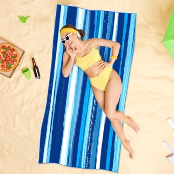 DECOMEN Beach Towel, Microfiber Beach Towels, Oversized, Quick Dry (73" x 35") Sand Proof, Absorbent, Compact, Beach Blanket, Lightweight Towel for The Swimming, Sports, Beach, Gym-Blue Stripes