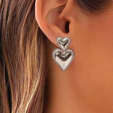 Silver Double Heart Dangle Drop Earrings for Women, Silver Heart Stud Earrings, Hypoallergenic Heart...