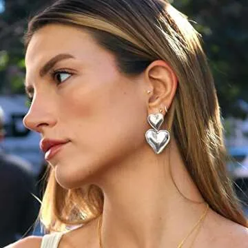 Hypoallergenic Silver Double Heart Drop Earrings for Women