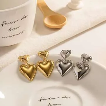 Hypoallergenic Silver Double Heart Drop Earrings for Women