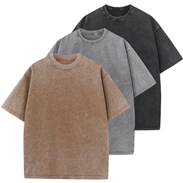 3 Pcs Oversized Heavy Cotton Summer T-Shirts Vintage Unisex Short Sleeves Casual Loose Basic Tops(A-...