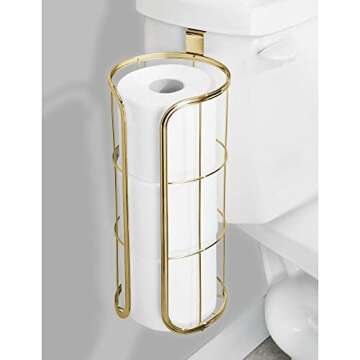 mDesign Modern Over The Tank Hanging Toilet Tissue Paper Roll Holder and Reserve for Bathroom Storage - Stores 3 Extra Rolls, Holds Jumbo-Sized Rolls - Durable Metal Wire - Soft Brass