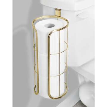mDesign Modern Over The Tank Hanging Toilet Tissue Paper Roll Holder and Reserve for Bathroom Storage - Stores 3 Extra Rolls, Holds Jumbo-Sized Rolls - Durable Metal Wire - Soft Brass