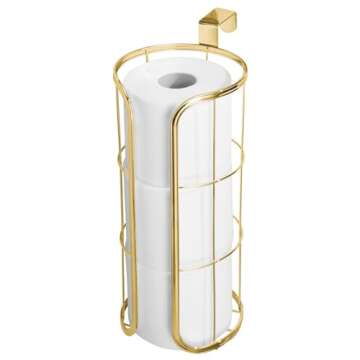 mDesign Modern Over The Tank Hanging Toilet Tissue Paper Roll Holder and Reserve for Bathroom Storage - Stores 3 Extra Rolls, Holds Jumbo-Sized Rolls - Durable Metal Wire - Soft Brass