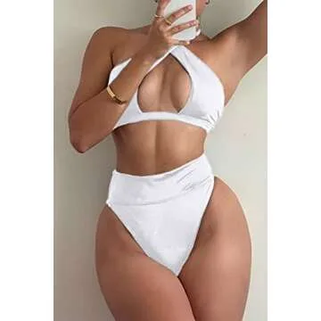 Stylish QINSEN Women's Wrap Halter Bikini Set White