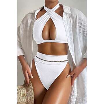 Stylish QINSEN Women's Wrap Halter Bikini Set White