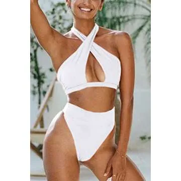 Stylish QINSEN Women's Wrap Halter Bikini Set White