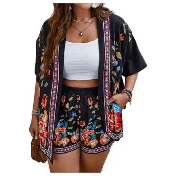 SOLY HUX Women's Plus Size Floral Boho Short Sleeve Kimono Open Front Outwear and Shorts 2 Piece Summer Outfit Black Floral 0XL