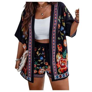 SOLY HUX Women's Plus Size Floral Boho Short Sleeve Kimono Open Front Outwear and Shorts 2 Piece Summer Outfit Black Floral 0XL