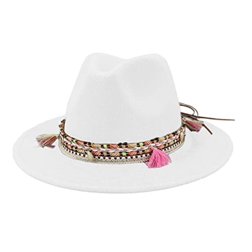 Women's Felt Fedora Hat Wide Brim Panama Hats with Tassel-White