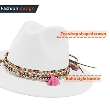 Women's Felt Fedora Hat Wide Brim Panama Hats with Tassel-White