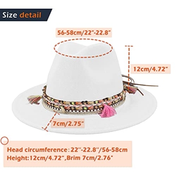 Women's Felt Fedora Hat Wide Brim Panama Hats with Tassel-White