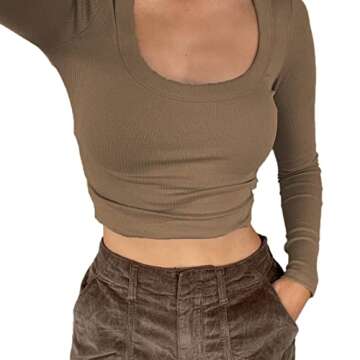 Y2k Skinny Long Sleeve Backless Crop Tops Square Neck Bodycon Shirts Cut Out Pullover Cami Streetwear (You Ribbed-Brown,Large)