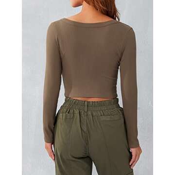 Y2k Skinny Long Sleeve Backless Crop Tops Square Neck Bodycon Shirts Cut Out Pullover Cami Streetwear (You Ribbed-Brown,Large)