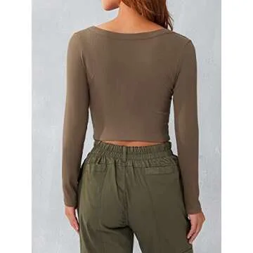 Y2k Skinny Long Sleeve Backless Crop Tops Square Neck Bodycon Shirts Cut Out Pullover Cami Streetwear (You Ribbed-Brown,Large)